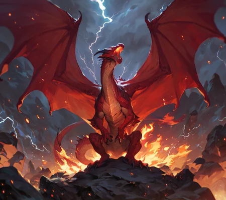 (score_9:1.5), (score_8_up:1.2), score_7_up, score_6_up, red dragon engulfed in flames and with glowing eyes perched on a rock, front view, open mouth, male, roar, fire, spread wings, embers, menacing, detailed red scales, epic, thunderstorm, lightning, dark <lora:ponydragon-xl-v1:1>, feral