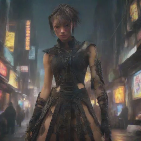 ((masterpiece, best quality, highly detailed)), cowboy shot, an asian skinned woman, stunning looks, demobaza, demobaza, The Hateful Eight film style, flaming sword, sword in each hand, sword in both hands, wearing an unusual dress, black combat boots, in the city, cyber punk background, neon lights, short hair, brown eyes, demobaza, cyberpunk style, cyberpunk