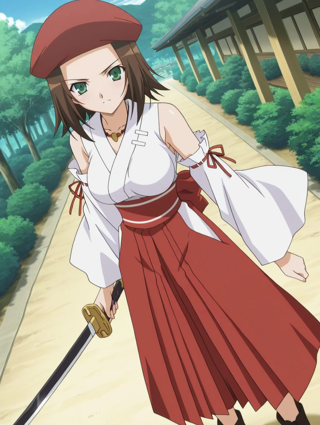 masterpiece, best quality, newest, absurdres, highres, detailed eyes, beautiful, detailed background, perfect eyes, anime coloring, anime screencap, 2000s \(style\), 1girl, solo, ageha (omamori himari), brown hair, short hair, green eyes, medium breasts, beret, japanese clothes, white top kimono, detached sleeves, necklace, red hakama, ankle boots, holding sword, looking at viewer, frown, smile, dutch angle, cowboy shot, (outdoors),