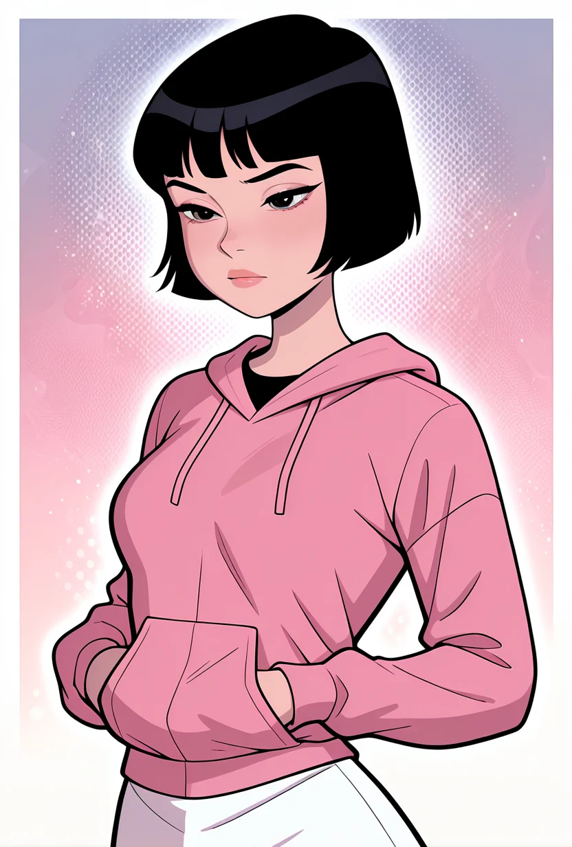 <lora:julieaf:1> julieaf, 1girl, short hair, black hair, long sleeves, lips, pink hoodie, white skirt, masterpiece, best quality, amazing quality, very aesthetic, absurdres, newest,, upper body, halftone effect, white borders, abstract background:1.2,