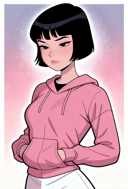 <lora:julieaf:1> julieaf, 1girl, short hair, black hair, long sleeves, lips, pink hoodie, white skirt, masterpiece, best quality, amazing quality, very aesthetic, absurdres, newest,, upper body, halftone effect, white borders, abstract background:1.2,