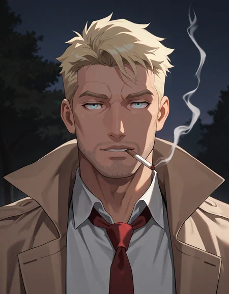 masterpiece, best quality, absurdres, newest, perfect quality, best quality, absolutely eye-catching, detailed background, intricate details, male focus, anime, solo, <lora:John Constantine - Illustrious:0.7> john_c, blonde hair, light blue eyes, stubble, tan trench coat, white collared shirt, red necktie, portrait, outdoors, night, smoking cigarette