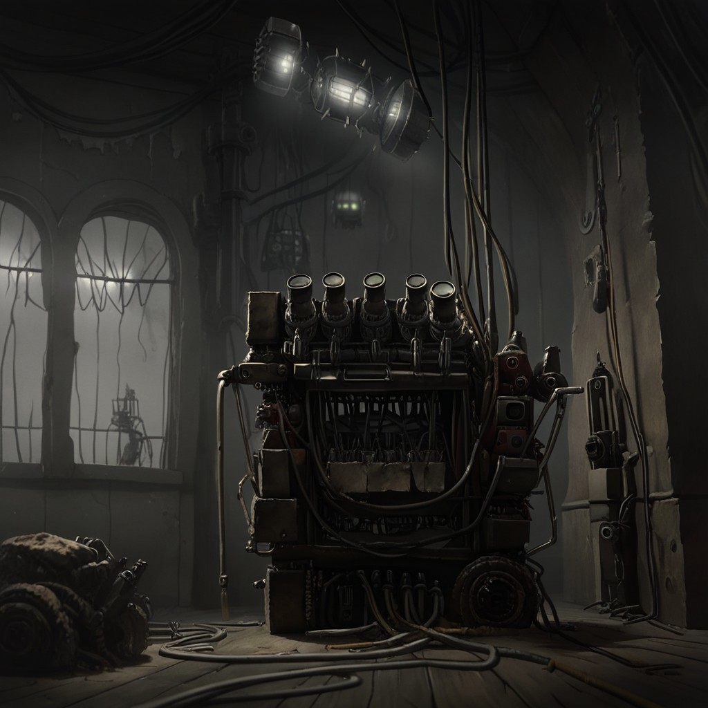 score 9, score 8, score 7, no humans, 1 object, generator, yellow generator, short mast, cable, floodlights, indoors, interior, dirty, dark, horror theme, object focus, from below, machinery,