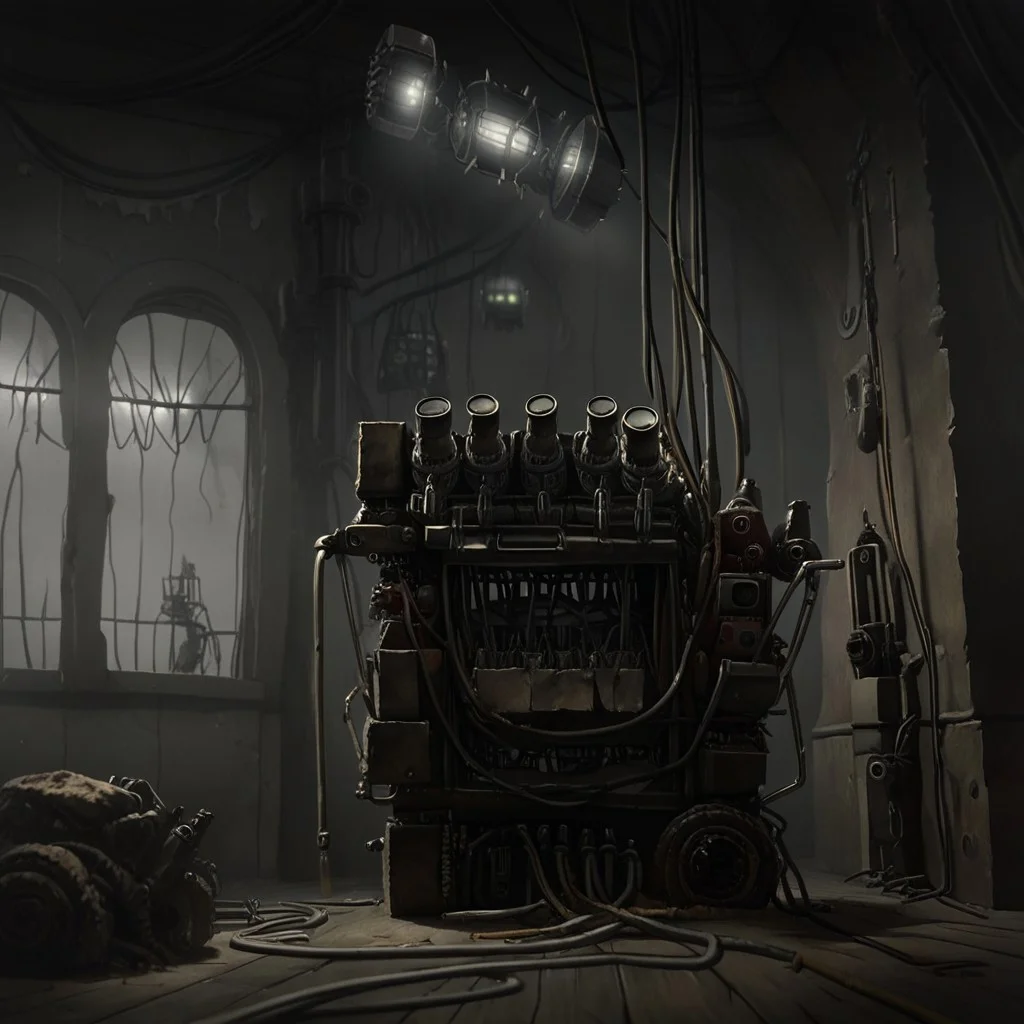 score 9, score 8, score 7, no humans, 1 object, generator, yellow generator, short mast, cable, floodlights, indoors, interior, dirty, dark, horror theme, object focus, from below, machinery,