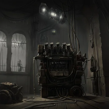 score 9, score 8, score 7, no humans, 1 object, generator, yellow generator, short mast, cable, floodlights, indoors, interior, dirty, dark, horror theme, object focus, from below, machinery,