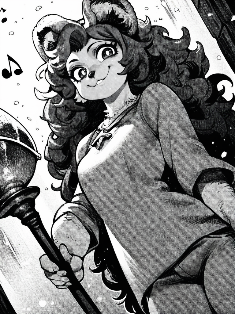 score_9, score_8_up, score_7_up, score_6_up, cute girl, musical note, tunic, magical staff, fluffy hair, big hat, light smile, bright pupils, particles around, splash art, pants, looking at viewer, cowboy shot, smile, cute, wide shot, solo, dutch angle, detailed background,
 <lora:ABearHand_style:1>, HandBeardXLP, monochrome, greyscale,