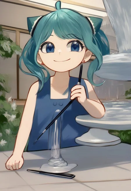 best quality,masterpiece:1.9, highres:1.9, score_9, score_8_up, score_7_up:1), 1girl,solo,newest,rating: general, looking at viewer , <lora:Anya_XL-step00001800:0.8> ,(messy twintails, Columbia Blue hair, Columbia Blue eyes, female child, anya (spy x family,hairpods),child, Columbia Blue sleeveless suit), pants, close-up:1.9, flower shop, Uneasiness, standing, (((Fountain Pen:1.9))), ng_deepnegative_v1_75t, OverallDetail, EyeDetail, portrait, source-anime