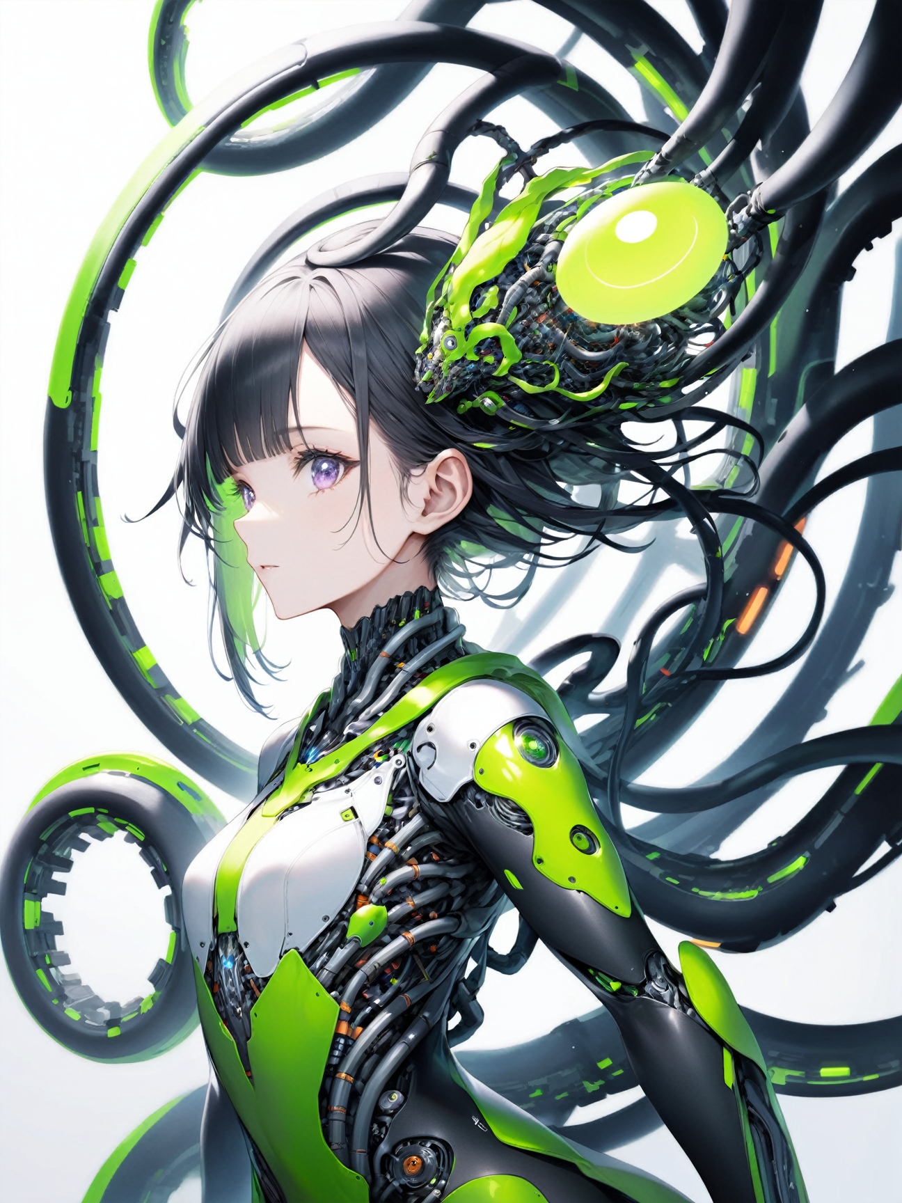 1girl,  Capture a fusion of machine and living creature, with integrated technology, organic components, and a striking visual blend of the two.