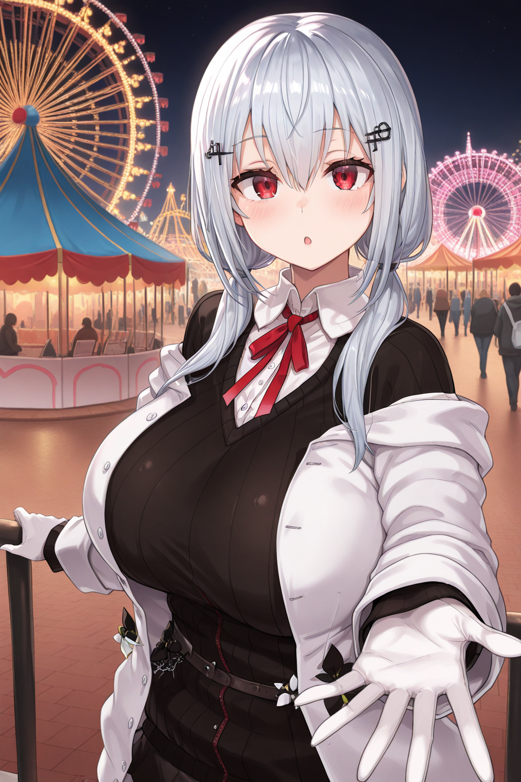 1girl, HakaseFuyukiNijisanji, 
general, solo,
dating,
low twintails, hair ornament,
red eyes, looking at viewer,
white jacket, open jacket,
white gloves, reaching,
black sweater, neck ribbon, huge breasts,
collared shirt, white shirt,
night, amusement park,
<lora:kp_HakaseFuyukiNijisanji1stCostumeIllustrious_v1_0:1.0>,
masterpiece, best quality, amazing quality