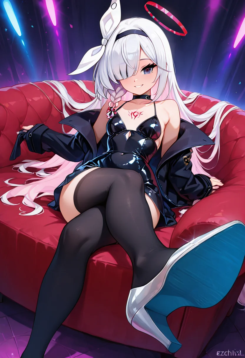 masterpiece, best quality, solo, curvy, beautiful eyes,  narrow waist, wide hips, zzPlana, grey eyes, white hair, bangs, braid, ribbon, halo, hair over one eye, black choker, bow hairband, hairband,  dynamic angle, foreshortening, close up, smile, looking at viewer,   ,       <lora:PlanaBlueArchiveIXL:1.0>, [Midnight Demon Club], Black latex dress, silver heels, glowing tattoos, spiked choker, Reclining in a velvet nightclub lounge under pulsing lights, exuding dark glamour and mystery.