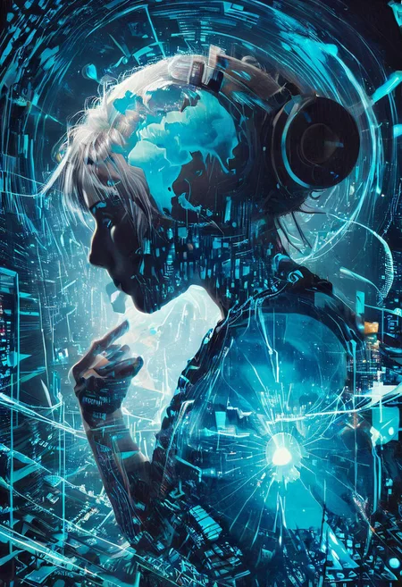 double exposure of Hatsune Miku with long blue hair floating twintails singing merging with a printed circuit board, <lora:DoubleExposure:1>, head, person,
(masterpiece, best quality, ultra_detailed, highres, absurdres:1.2),
realistic, photo, circuitry, circuits, chip, processor, motherboard, electronics, side view,
1girl, solo, (Hatsune_Miku, long_hair, aqua_hair, twintails:2), aqua_eyes, small_breasts, bare_shoulders, necktie, detached_sleeves, sleeveless_shirt, pleated_skirt, black_skirt, aqua_necktie, grey_shirt, black_thighhighs, black_sleeves, arm_tattoo,
<lora:loraeyesxl:0.4>