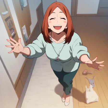 <lora:SlimesUrarakasMom:1>, score_9, score_8_up, score_7_up, slimes_urarakasmom, woman, solo, smiling, surprised, eyes closed, full body, closeup, hands behind, leaning forward, looking at viewer