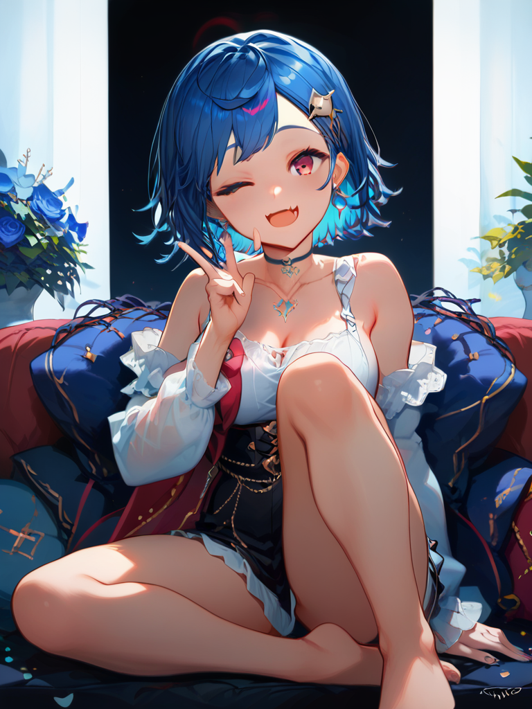 <lora:Chigusa NishizonoPDXL_v1:1>Chigusa NishizonoPDXL, 1girl, one eye closed, virtual youtuber, solo, barefoot, sitting, smile, fang,, <lora:princess_xl_v2:0.8><lora:g0th1cPXL:0.3> g0th1cpxl<lora:Expressive_H:0.8> ExpressiveH<lora:NAI Smooth Boys Style SDXL_LoRA_20r_20e_8i_nr32_a16_Pony Diffusion V6 XL:0.8> score_9, score_8_up, score_7_up,