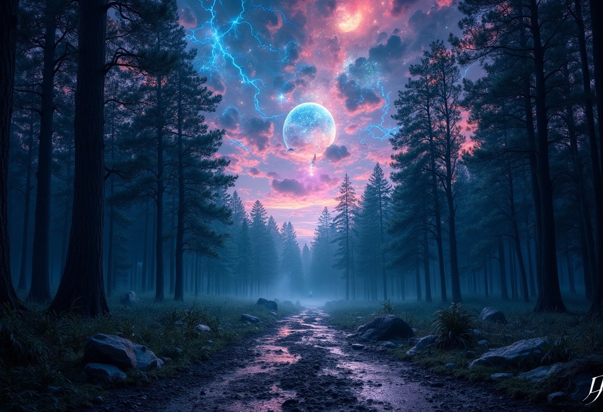 Surrealism, 32k high-resolution best quality professional photograph of a cedar forest with a gravel, muddy path. Above, a holographic lightning storm illuminates the sky. Virtual radiant fractal ethnic geometric patterns shimmer in the background. A large moon and a vibrant galactic nebula fill the dark, mystical swamp background with ethereal, vibrant hues.