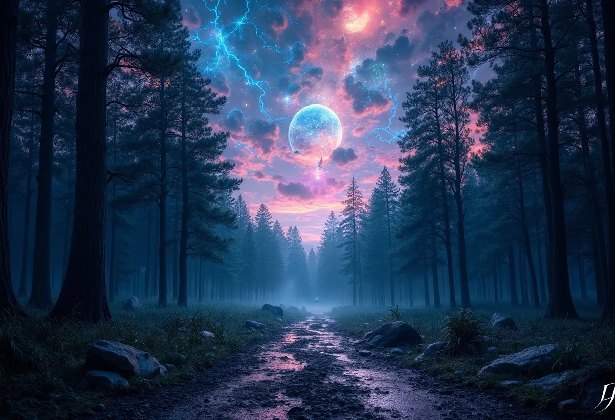 Surrealism, 32k high-resolution best quality professional photograph of a cedar forest with a gravel, muddy path. Above, a holographic lightning storm illuminates the sky. Virtual radiant fractal ethnic geometric patterns shimmer in the background. A large moon and a vibrant galactic nebula fill the dark, mystical swamp background with ethereal, vibrant hues.
