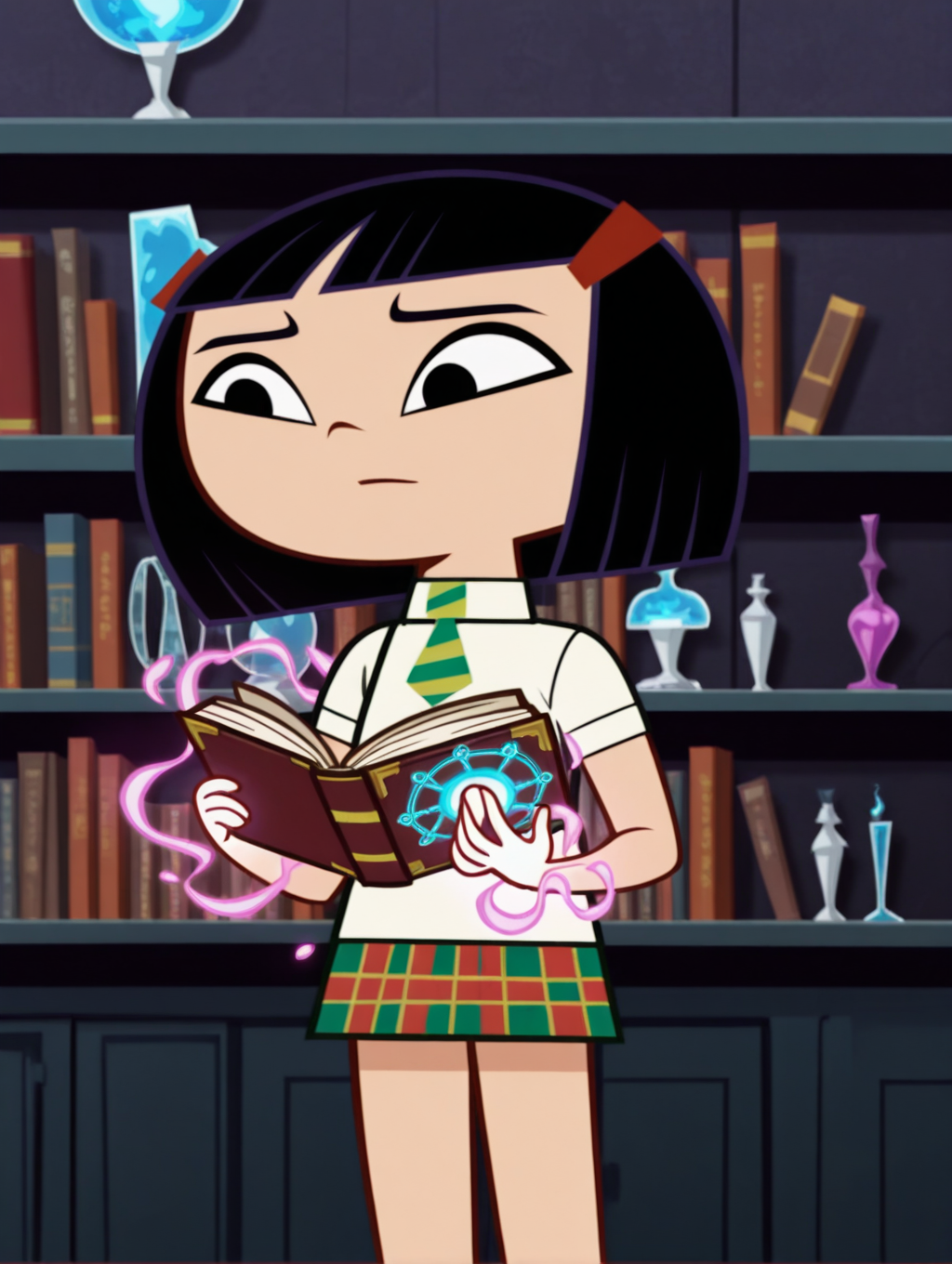 KittyKoZYN, 1girl, solo, black hair, hair ornament, bob cut, bangs, short hair, hairclip, blunt bangs, black eyes, school uniform, white shirt, necktie, plaid skirt, cowboy shot, reading a book, magical book, casting a spell, magic in hands, magic energy on hands, magic lab, magic potions on shelves, glowing potions, glowing spellbook,
