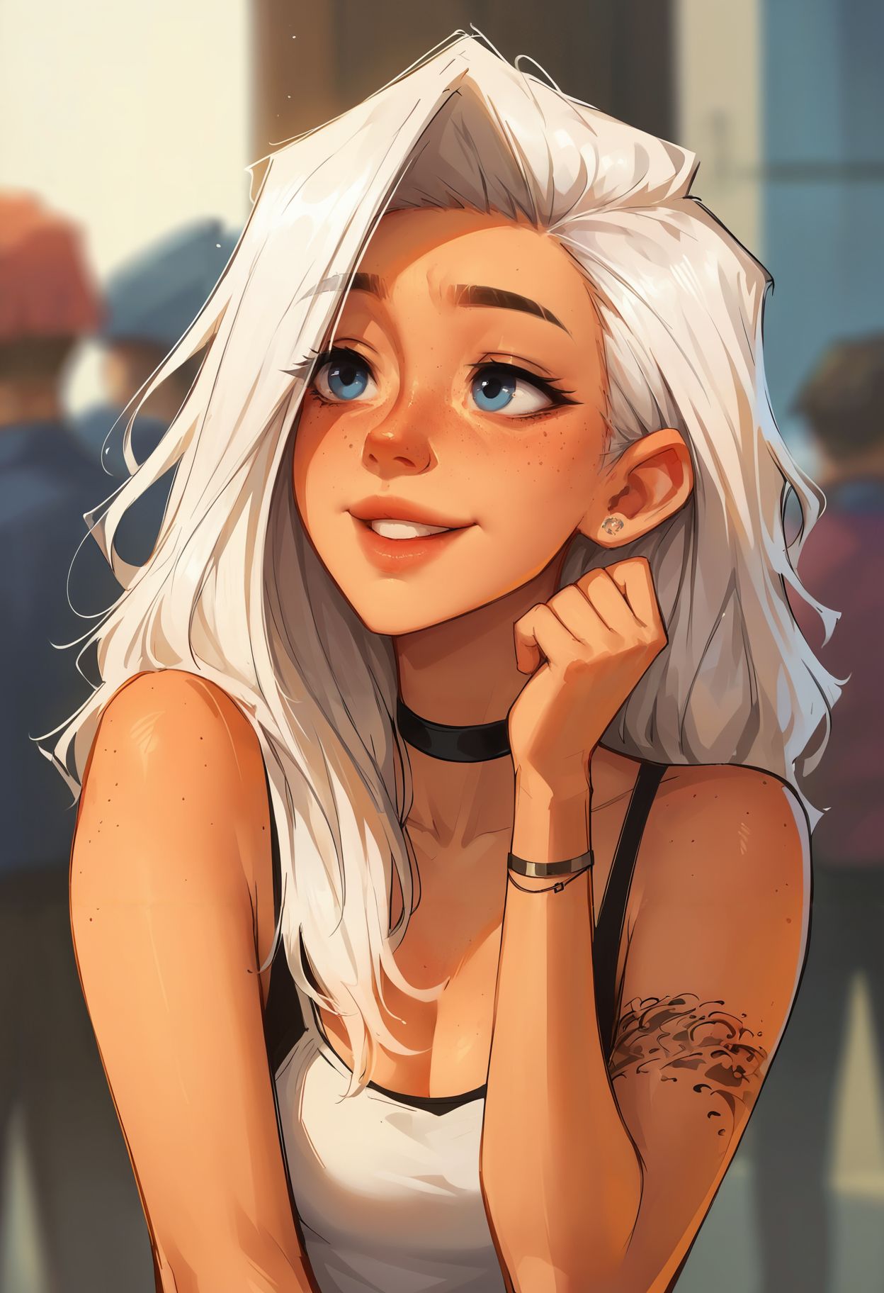 score_9,score_8_up,core_7_up, <lora:samdoesarts_pdxl_v1:1>  tattoo, 1girl, choker, blue eyes, long hair, freckles, jewelry, solo focus, white hair, arm tattoo, black choker, blurry background, parted lips,bracelet, breasts, lips :d, happy