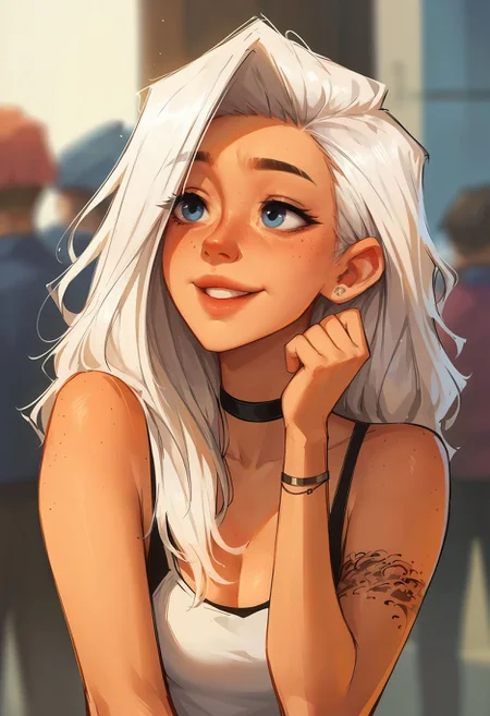 score_9,score_8_up,core_7_up, <lora:samdoesarts_pdxl_v1:1> tattoo, 1girl, choker, blue eyes, long hair, freckles, jewelry, solo focus, white hair, arm tattoo, black choker, blurry background, parted lips,bracelet, breasts, lips :d, happy