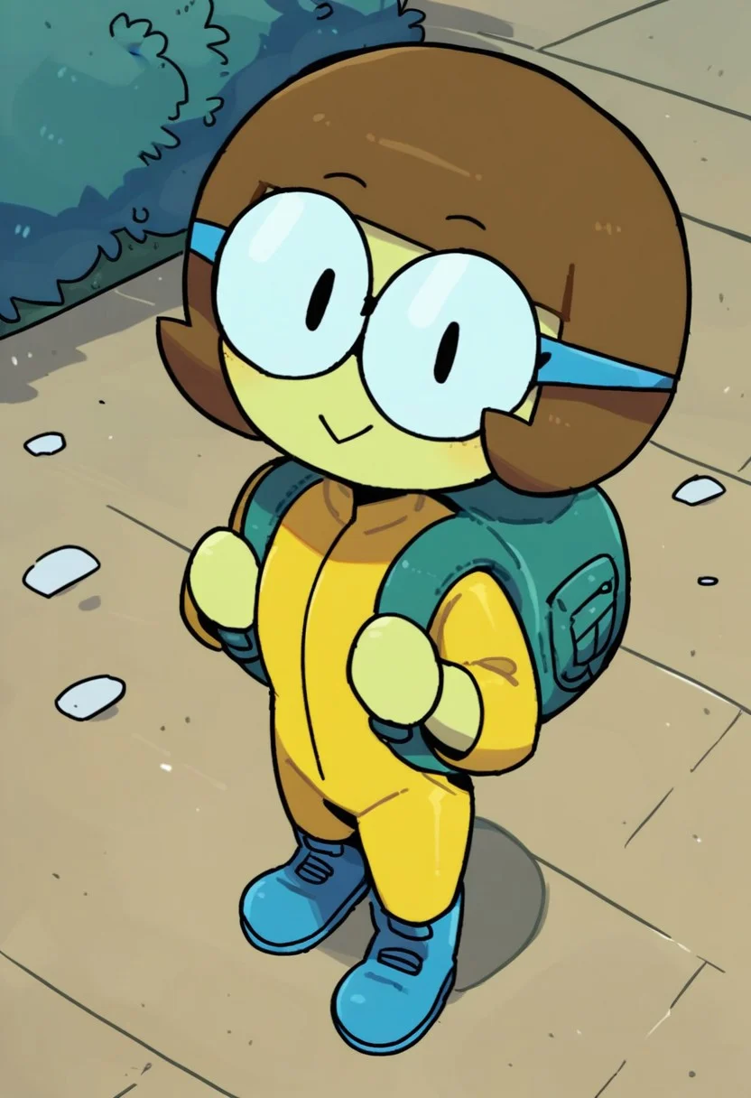 score_9_up, score_8_up, score_7_up, 1girl, solo, dendy, colored skin, yellow skin, brown hair, short hair, glasses, yellow jumpsuit, blue boots, bag, full body, looking at viewer, :>, outdoors, above angle