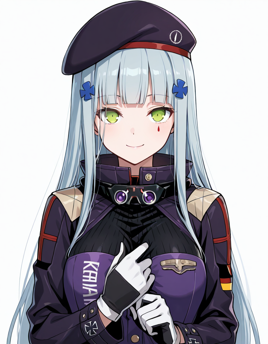 Volumetric Lighting, (masterpiece), (best quality), (ultra-detailed), masterpiece, source_anime, score_9, score_8_up, score_7_up BREAK, illustration, disheveled hair, detailed eyes, perfect composition, moist skin, intricate details, detailed eyes, detailed face, detailed fingers BREAK, HK416, green eyes, long hair, grey hair, blue hair,blunt bangs, teardrop facial mark BREAK, HK416def, def_jacket, 416_hair_ornament, def_goggles, eyewear around neck, def_beret, def_two-tone_gloves, teardrop facial mark BREAK, ((white background)), looking at viewer, standing, upper body, smile, face focused