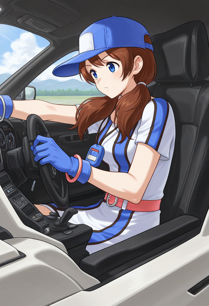masterpiece, best quality, ultra-detailed, absurdres, newest, 1girl, solo, aingbc, brown hair, long hair, low twintails, blue eyes, baseball cap, multicolored dress, short sleeves, neo geo pocket color necklace, blue gloves, white gloves, bracelet, cockpit, steering wheel, driving,