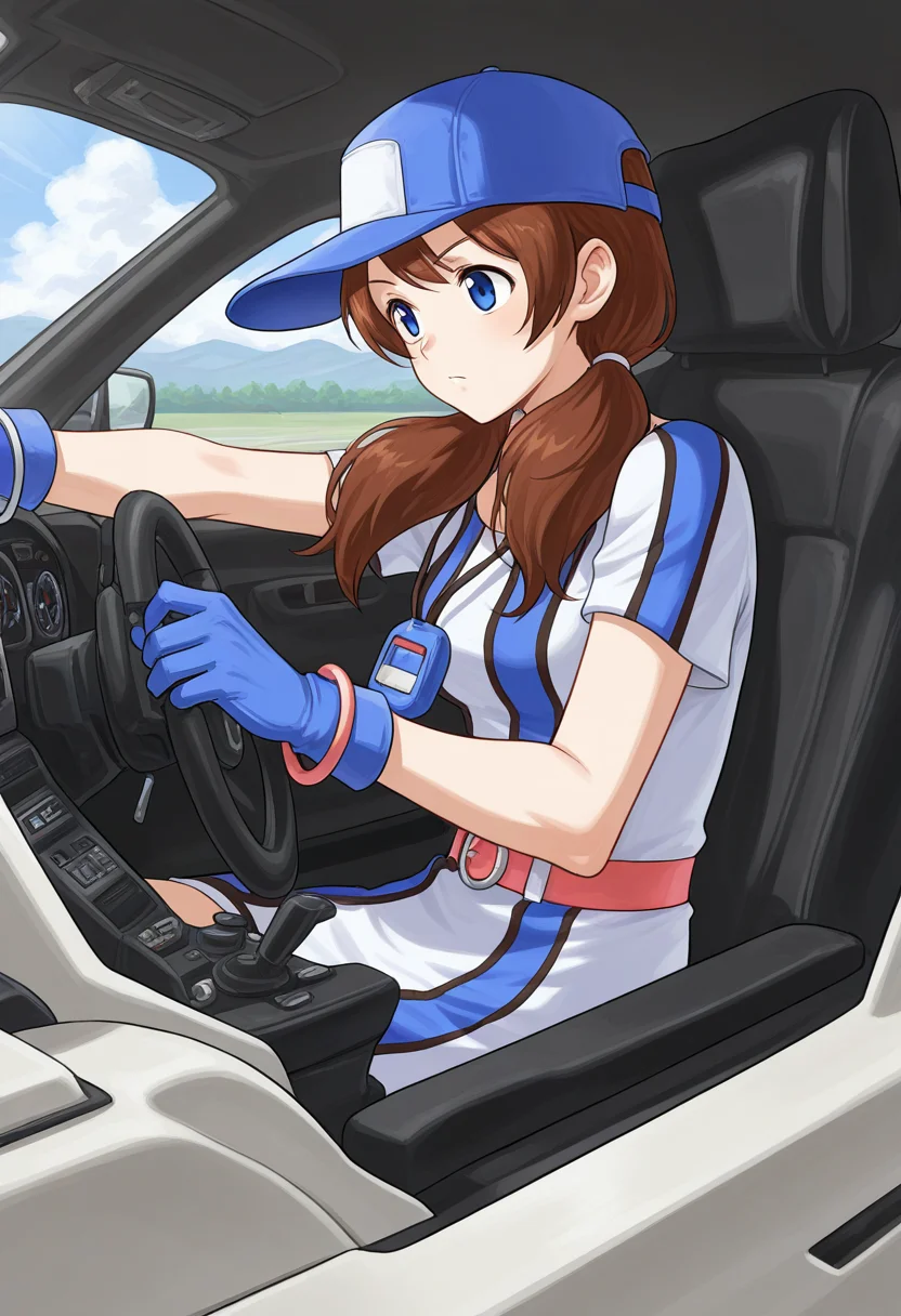 masterpiece, best quality, ultra-detailed, absurdres, newest, 1girl, solo, aingbc, brown hair, long hair, low twintails, blue eyes, baseball cap, multicolored dress, short sleeves, neo geo pocket color necklace, blue gloves, white gloves, bracelet, cockpit, steering wheel, driving,