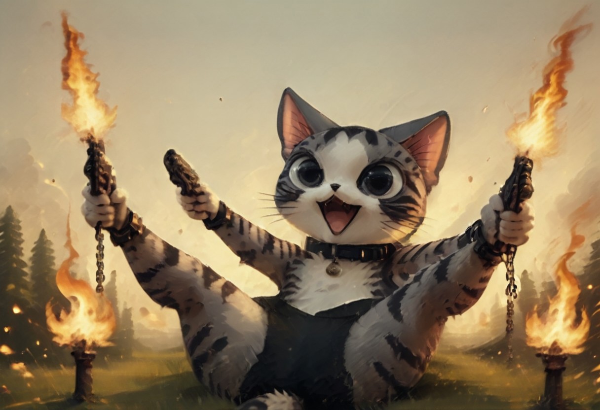 score_9, score_8_up, score_7_up, score_6_up, score_5_up, score_4_up, source_anime, BREAK intrepid, ChiYamada, cat, black eyes, no humans, chibi, happy, dual pistols, shooting, collar, chained, ((((on back, legs up)))), grass, background of detailed explosions and fire, detailed background, best quality, very aesthetic, furry, anthro, realistic detail, realistic fur, MinimalStyle