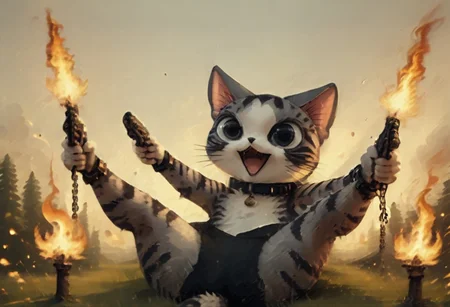 score_9, score_8_up, score_7_up, score_6_up, score_5_up, score_4_up, source_anime, BREAK intrepid, ChiYamada, cat, black eyes, no humans, chibi, happy, dual pistols, shooting, collar, chained, ((((on back, legs up)))), grass, background of detailed explosions and fire, detailed background, best quality, very aesthetic, furry, anthro, realistic detail, realistic fur, MinimalStyle