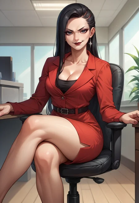 score_9, score_8_up, score_7_up, source_anime, 1girl, solo, kagasmtiv, long hair, black hair, asymmetrical hair, makeup, lipstick, red dress, black undershirt, cleavage, indoors, office chair, crossed legs, sitting, smirk, <lora:zs_KagaXL:1>