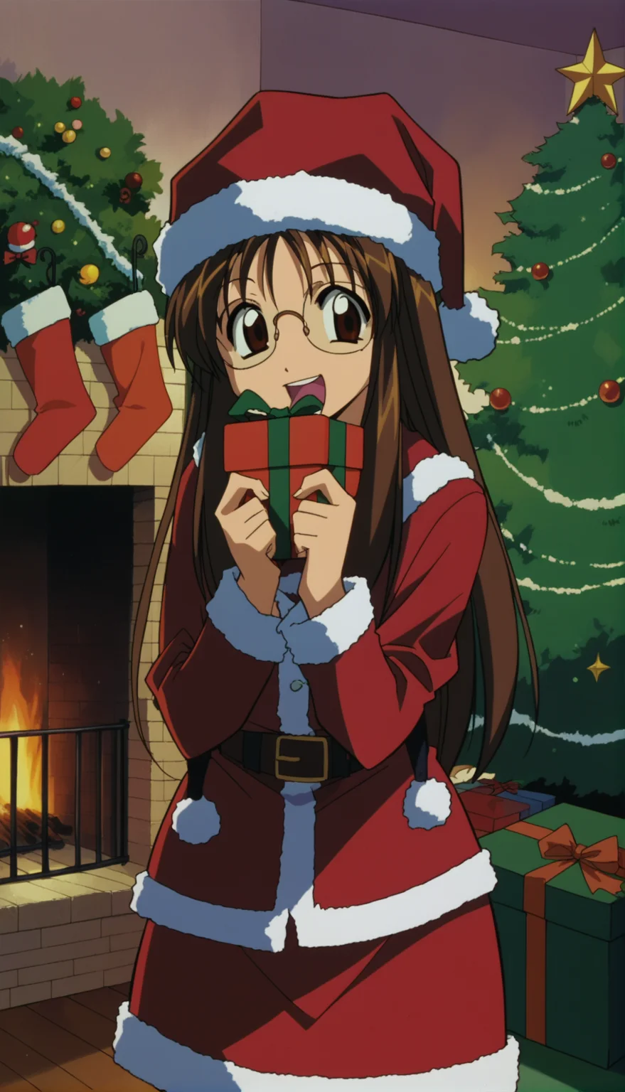 score_9,score_8_up,score_7_up,Nikaido Yoriko Pony,1990s \(style\),1girl,solo,glasses,brown hair,brown eyes,long hair,santa_costume,<lora:Nikaido Yoriko Pony:0.9>,christmas,christmas tree,fireplace,indoors,happy,cowboy shot,