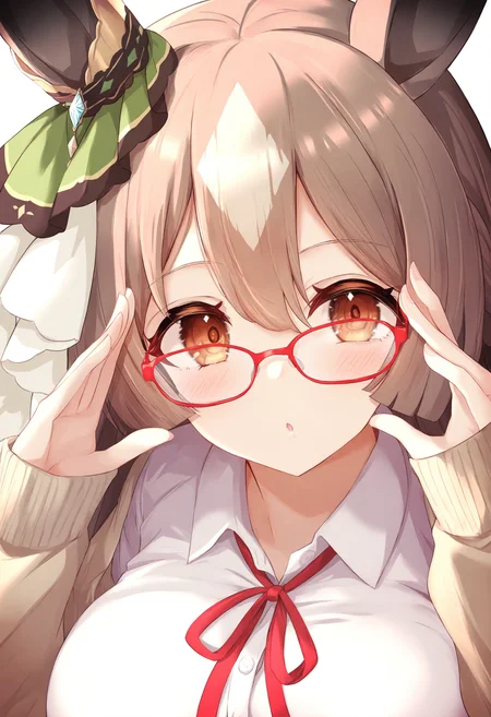 <lora:flash1_noob1.1-000072:1>,
1girl, satono diamond \(umamusume\), animal ears, bespectacled, horse ears, solo, glasses, ear ornament, brown hair, horse girl, long hair, looking at viewer, blush, breasts, simple background, adjusting eyewear, brown eyes, cardigan, hair between eyes, ribbon, white background, shirt, red ribbon, hair ornament, large breasts, white shirt, alternate costume, portrait, red-framed eyewear, upper body,
masterpiece,best quality,newest,absurdres,highres,very awa,