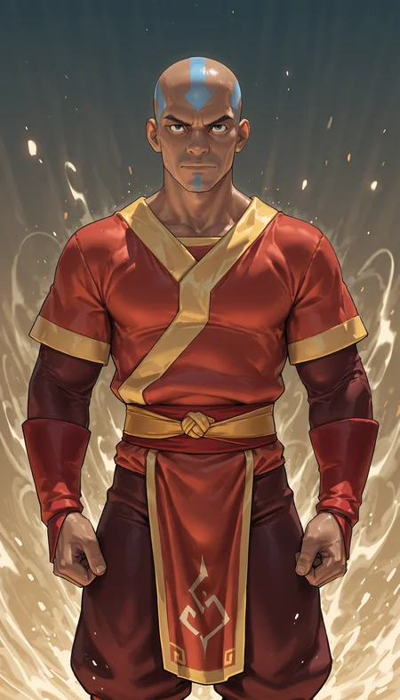 avatar: the last airbender,aang,male,muscular,solo,stubble,dark skin,bodysuit,looking at viewer,detailed eyes,standing,best quality,bald,<lora:takalocon-20:0.8>,