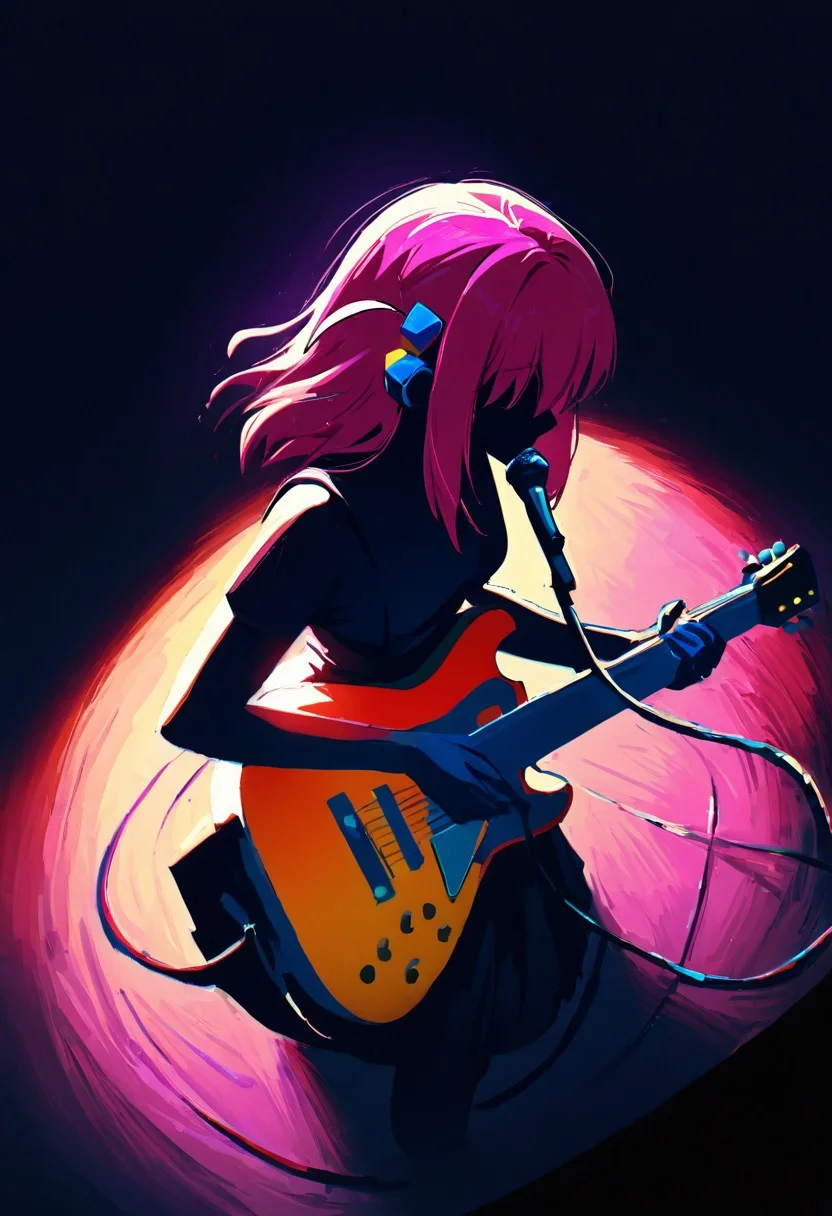 masterpiece, best quality, very aesthetic, absurdres, 
dramatic lighting, retro color, on stage, from above, BREAK
1girl, gotoh hitori, bocchi the rock!, pink hair, playing guitar, microphone
triadic colors, stunning, epic, intense, highly detailed, warm light, imposing, confident, beautiful composition, cool colors, ambient background, deep rich colors,