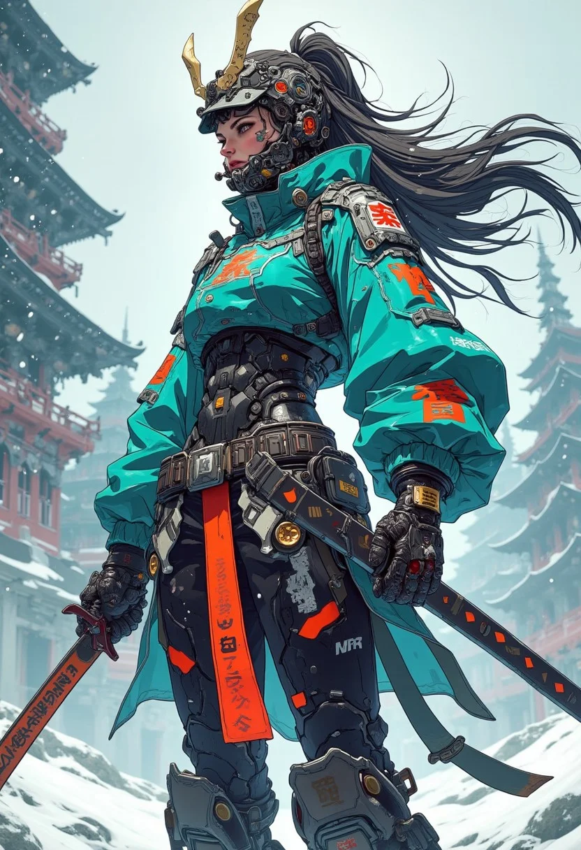 cyberpunk realistic anime style, a stunning japanese female warrior, long flowing hair, wearing samurai armour and helmet, holding a katana with both hands on a snowy battlefield, theme in teal, bright red and black colour, high quality, highly detailed