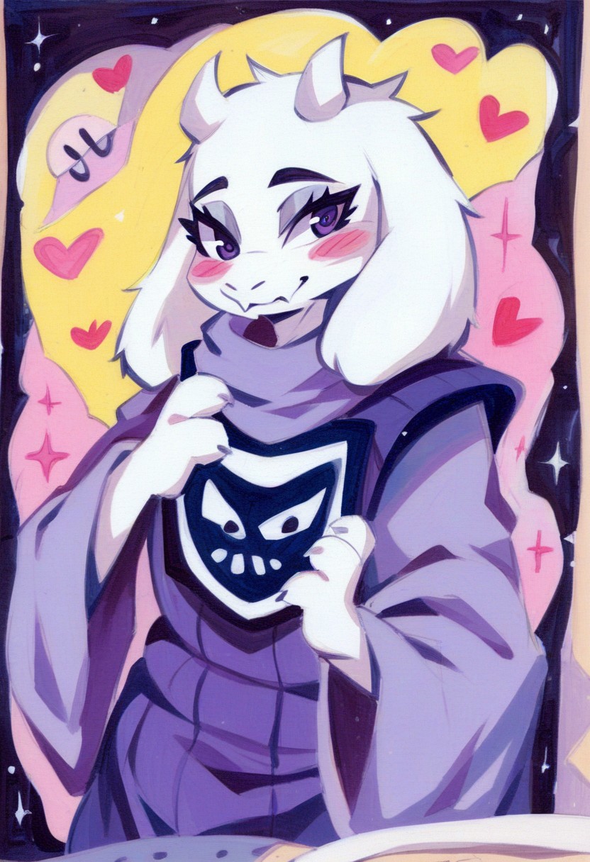 score_9, score_8_up, score_7_up, score_6_up, cute, beautiful face, beautiful eyes, Toriel, purple eyes,  chubby, blushing, purple robes, goat snout, smiling, traditional media, painting (medium), watercolor (medium)