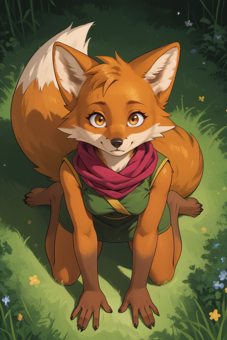 score_9,score_8_up,score_7_up,rating_safe,from above,looking at viewer,forshotening,cute,short stature,
1girl,fox girl,ruin seeker,solo,canid,yellow eyes,gold eyes,fox,anthro,breasts,orange body,dipstick tail,orange fur,brown feet,tail,tail markings,markings,green clothes,tunic,sleeveless,red scarf,miniskirt,short skirt,gold sparkle,
on all fours,
expressiveh,painterly,faux traditional media,
<lora:Expressive_H-000001:0.5>,<lora:incase_2024_style_v2:0.5>,<lora:VGC_TUNIC_XL:0.8>,<lora:Faux Oil Painting Style LoRA_Pony XL v6:0.4>,<lora:Zootopia_style:0.4>,