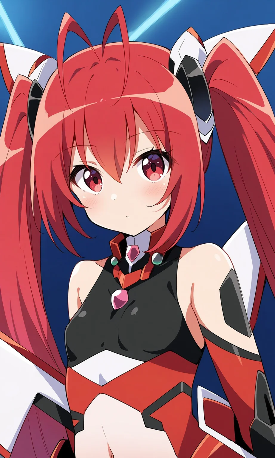 1girl, tailred, antenna hair, breasts, upper body, headgear, long hair, looking at viewer, mecha musume, ore twintail ni narimasu, red eyes, red hair, small breasts, solo, twintails, very long hair,
portrait,
masterpiece, best quality, very aesthetic, absurdres,
<lora:TailRed_XL:1>