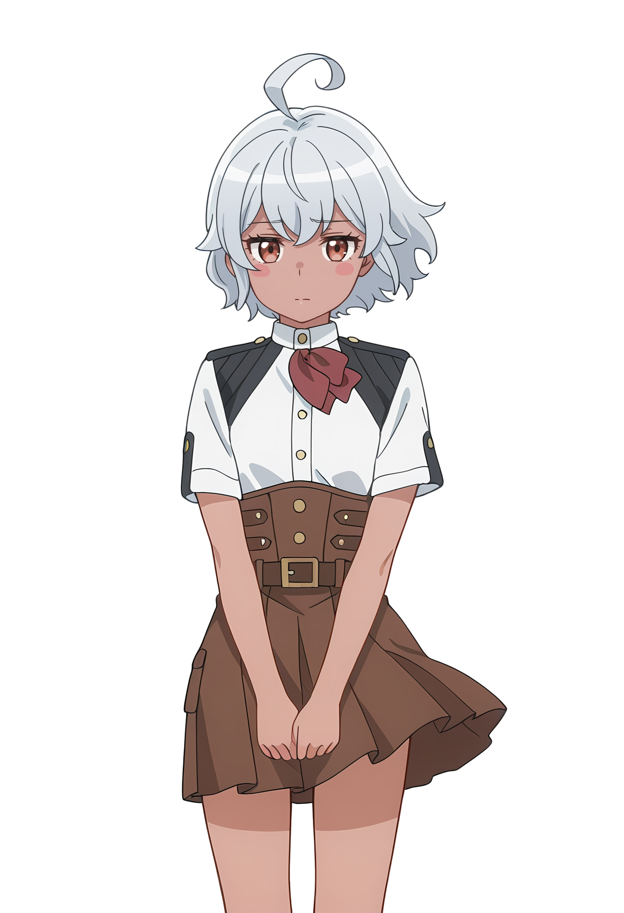 Smooth Quality,masterpiece, ultra realistic,
simple background, white background, 
front view,despair,wind, 
 <lora:AquaErisCnn:0.8>Eris/Cnn, Sist/Cnn, 1girl, ahoge, blush stickers, dark-skinned female, skirt, uniform,petite,