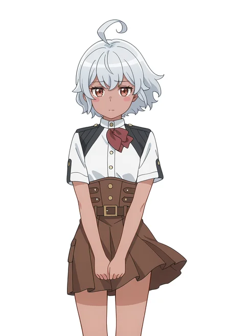Smooth Quality,masterpiece, ultra realistic,
simple background, white background, 
front view,despair,wind, 
 <lora:AquaErisCnn:0.8>Eris/Cnn, Sist/Cnn, 1girl, ahoge, blush stickers, dark-skinned female, skirt, uniform,petite,