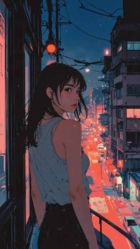 pingtu style, realistic comic style illustration of a young woman standing on her apartment balcony at night, gazing at the glowing city skyline. She leans against the railing, wearing a simple tank top. The neon reflections shimmer on the glass door behind her, blending with the soft glow of distant streetlights. A gentle breeze tousles her hair as she breathes in the quiet moment. Soft anime aestheticsâwarm and cool light contrast, delicate highlights, cinematic depth, and a tranquil nighttime atmosphere. <lora:RM_Illustrify_v1.0M:0.6> <lora:illustration:0.8> <lora:Anime_v1.3:0.8>