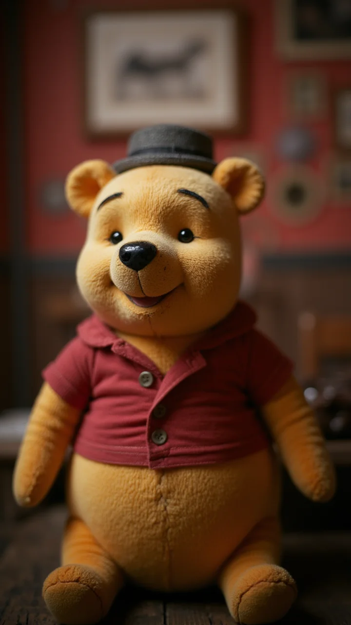 photograph, Winnie the Pooh, the Guy is 1910's, Hard-boiled Hair Clip, film grain, Phase One XF IQ4 150MP, Selective focus, dripping Colorless and pink, Respectable, burly, photography, bokehmachine
