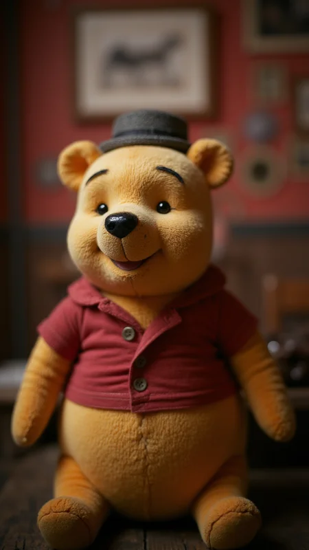photograph, Winnie the Pooh, the Guy is 1910's, Hard-boiled Hair Clip, film grain, Phase One XF IQ4 150MP, Selective focus, dripping Colorless and pink, Respectable, burly, photography, bokehmachine