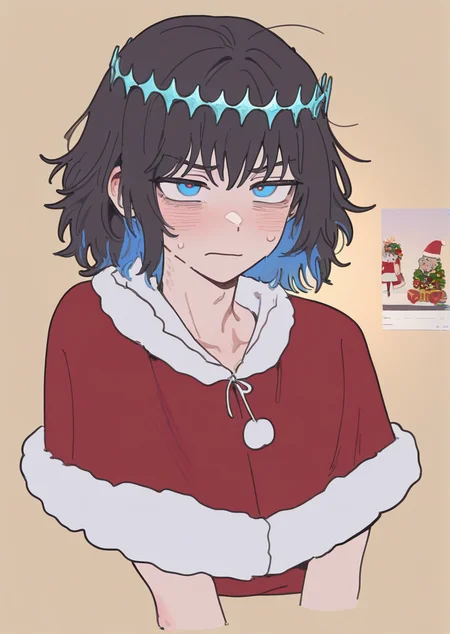 Masterpiece, Best Quality, Best Score, Best Anatomy, simple background, warm background,
androgynous,
(1boy,oberon vortigern, dark hair,blue circlet,blue eyes),
irritation,
christmas outfit, santa hat,
ppka, doremifaso64, flat color, tale, upper body,
<lora:nyalia_NoobXL:0.8>, <lora:furu00tck:0.17>, <lora:doremifaso64_style_ill_v1:0.17> ,<lora:Popoka-Illustrious:0.17>,