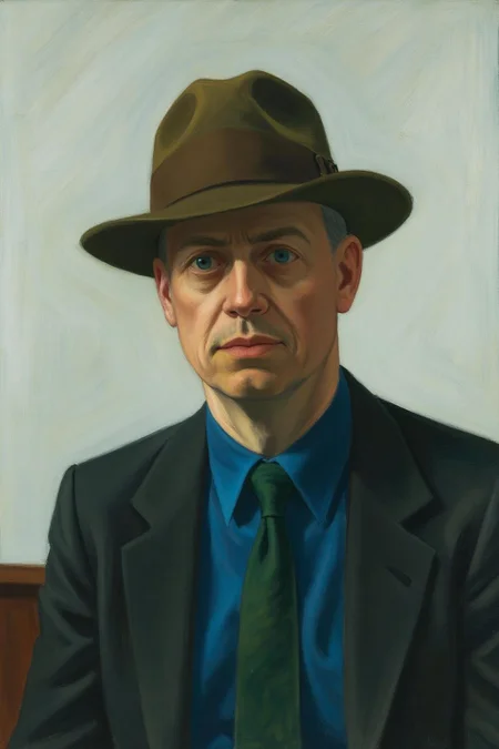 edwardhopper1 painting. A middle-aged man wears a dark green fedora and a dark suit with a blue shirt and a green tie. He has blue eyes and is positioned slightly to the right of center.  <lora:edwardhopper1_cap_d8a4e11:1.0><lora:847401041015136444:0>