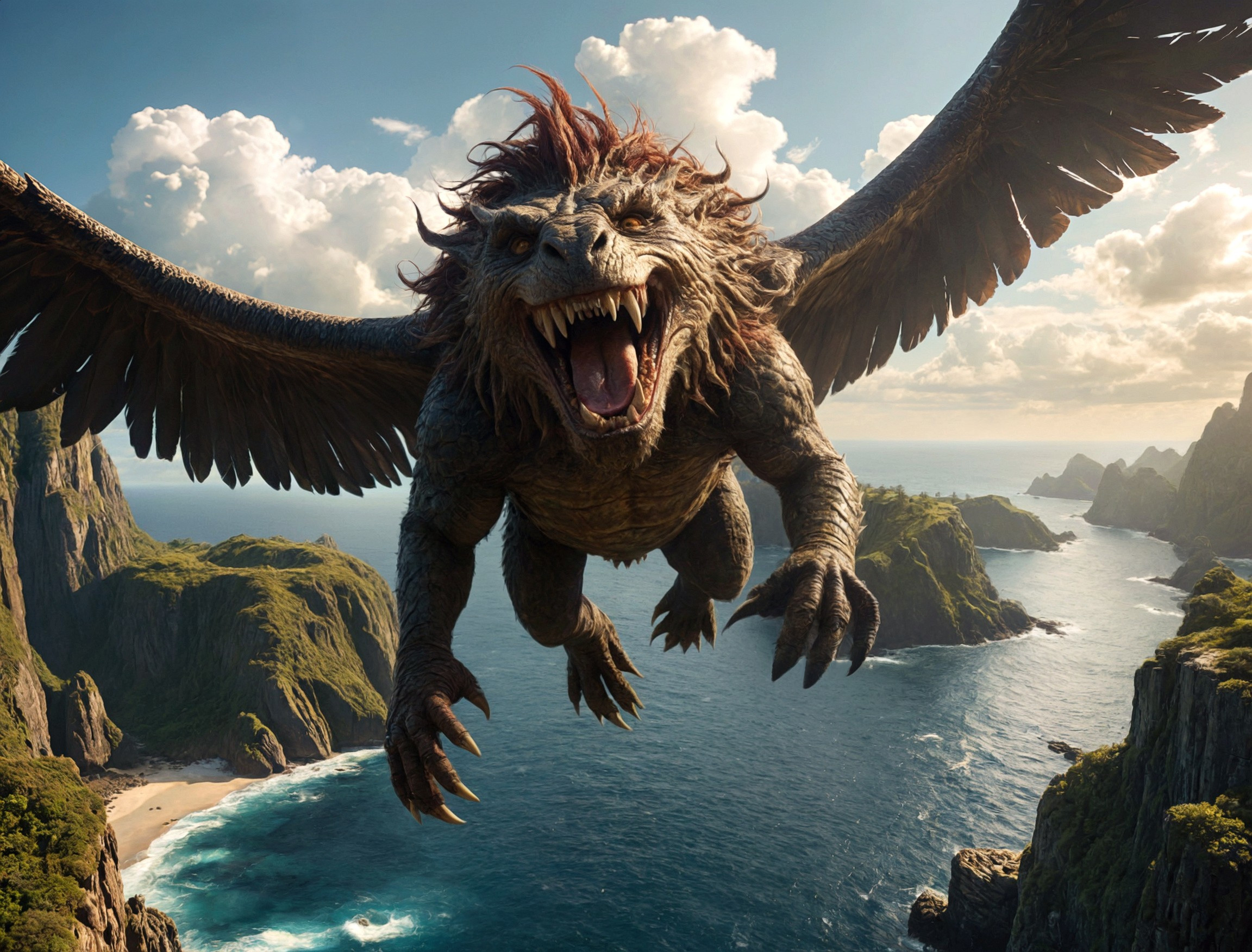 famous cinematic film still  by (steve prescott:1.1) and (jim pavelec:1.4) and (casey baugh:1.1), detailed expressive eyes, fantasy style, the regal looking toothy mobdonk, a creature of the puffalorpled ((flying high up in to skies)), looking down from above over islands, shown here with its majestic tynding wings outstretched as it soars above a resiliforged realm of helviported islands and vibrant cascading quibblesnatch of planet chuckleberry v RAW photo, realistic texture, extremely detailed, absurdres, sharp focus, volumetric lighting, subsurface scattering