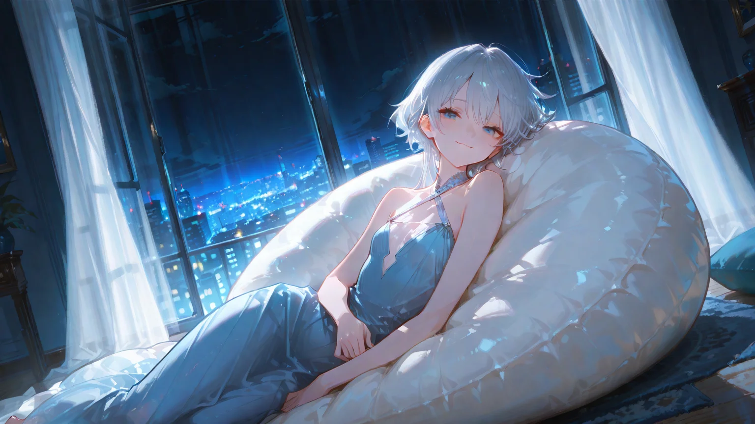 artist:, masterpiece, newest, very aesthetic, very awa, absurdres, highres, 1girl, detailed eyes, small slim girl, disheveled silver-haired, blue eyes, halter dress, long dress, blue casual dress,see-through cleavage, sitting on bean bag chair, pillow, happiness, gentle smile, looking at viewer, (((night scene, window, curtain, city lights))), dimmed environment lights, dutch angle,upper body shot, usnr