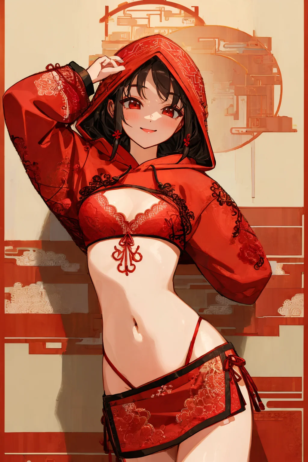 Masterpiece, absurdres, fine detail, HDR,
(dudou,dudou_embroidery:1.3),([hoodie|dudou]::0.5),
(hoodie:1.2), a woman posing for a picture, smiling ,  chinese style,red,navel cutout,
 <lora:DudouHoodies:0.78>