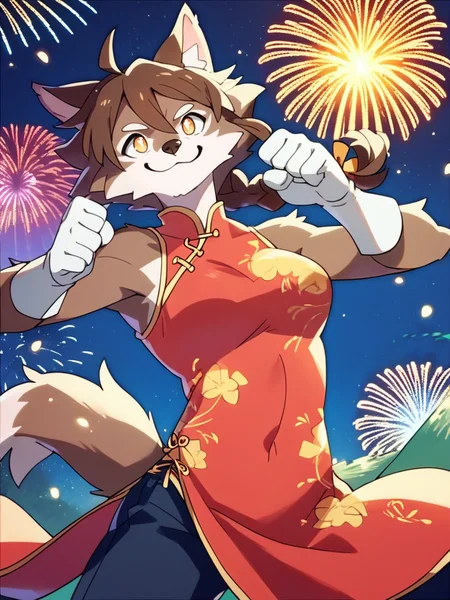 score_9, score_8_up, score_7_up, wolf girl, furry, fireworks, china dress, big gloves, braid, pants, tail, brown hair, epic pose, light smile, bright pupils, particles around, splash, cowboy shot,
<lora:StudioColorido_Style:1>StudioColorido,