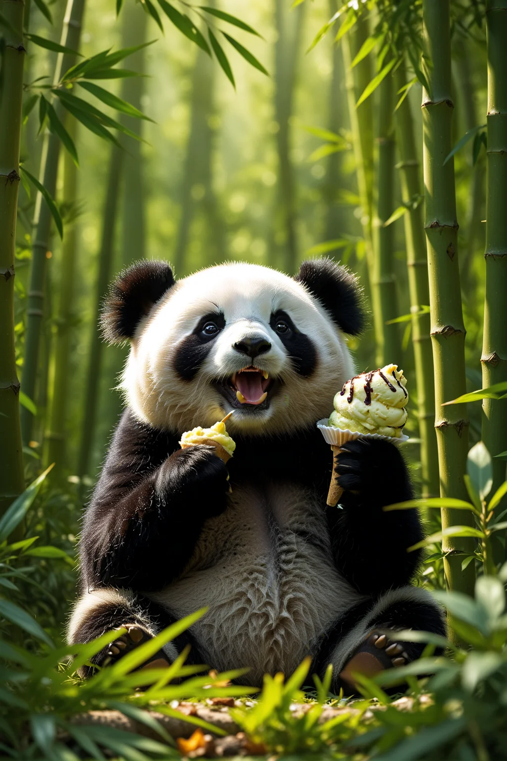 A stunning wildlife photograph capturing a cute and adorable panda in its natural habitat, nestled among the dense bamboo forests of the Himalayas. The panda is shown eating ice cream on a beautiful summer's day, with the scene rendered in highly realistic detail. The lighting is soft, and the colors are vibrant, emphasizing the lush green surroundings and the panda's excited, happy expression as it enjoys the warm, sunny weather.