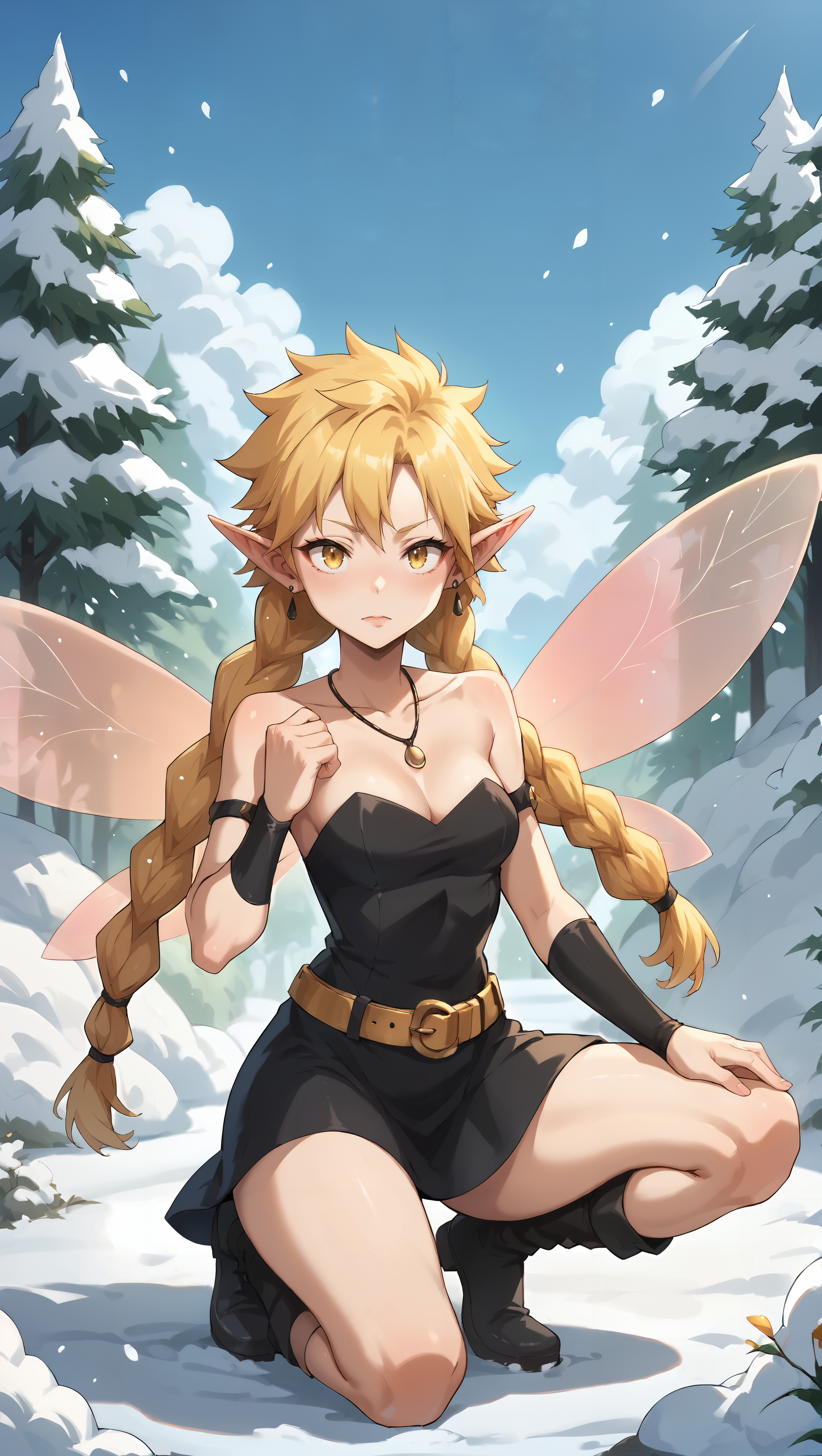 score_9,score_8_up,score_7_up,score_6_up, source_anime, zPDXL, girl, fairy, blonde hair, twin braids, yellow eyes, black dress, pink wings, gold belt, black armguards, armlets, black earrings, strapless, necklace, short dress, <lora:Wakfu_CartoonV02:0.5>, <lora:xl_more_art-full_v1:0.5>,  <lora:Ramiris - Pony-000004:0.8>, on one knee, winter, snow, snowing, outdoors, snow covered trees,